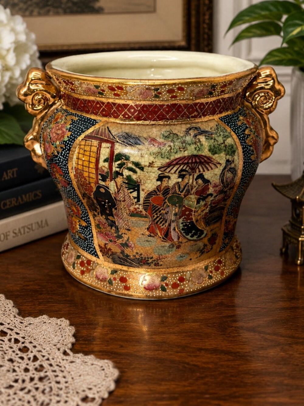 Vintage Royal Satsuma Moriage Cachepot Planter Jardiniere Lion Handles